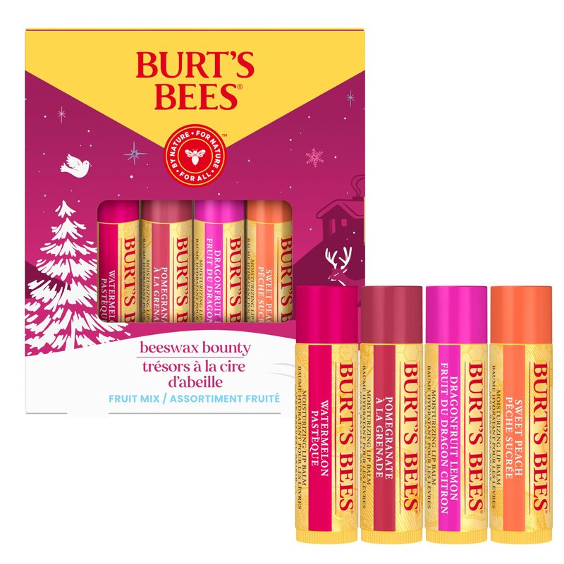 Burt's Bees Christmas Gifts, 4 Lip Balms Stocking Stuffers Products, Beeswax Bounty Fruit Mix - Watermelon, Pomegranate, Dragonfruit Lemon & Sweet Peach (Pack of 4)