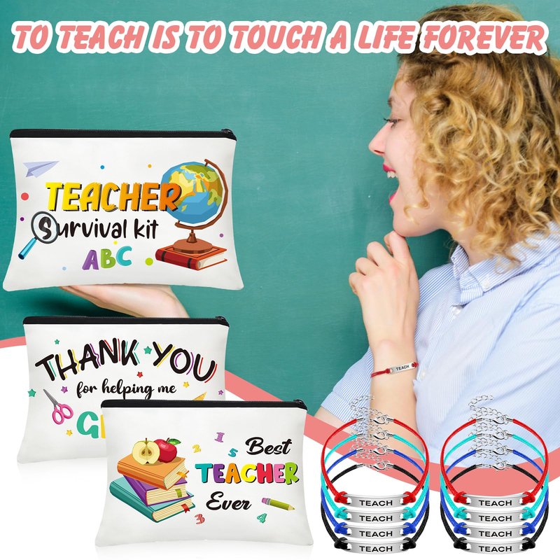Sadnyy 36 Pieces Teacher Appreciation Gifts Set 12 Makeup Bag 12 Silicone Keychain 12 Blessing Card Bracelet Teacher's Day Gift Teacher Makeup Pouch Pencil Bag Inspirational Quote Key Chain, 12 Styles