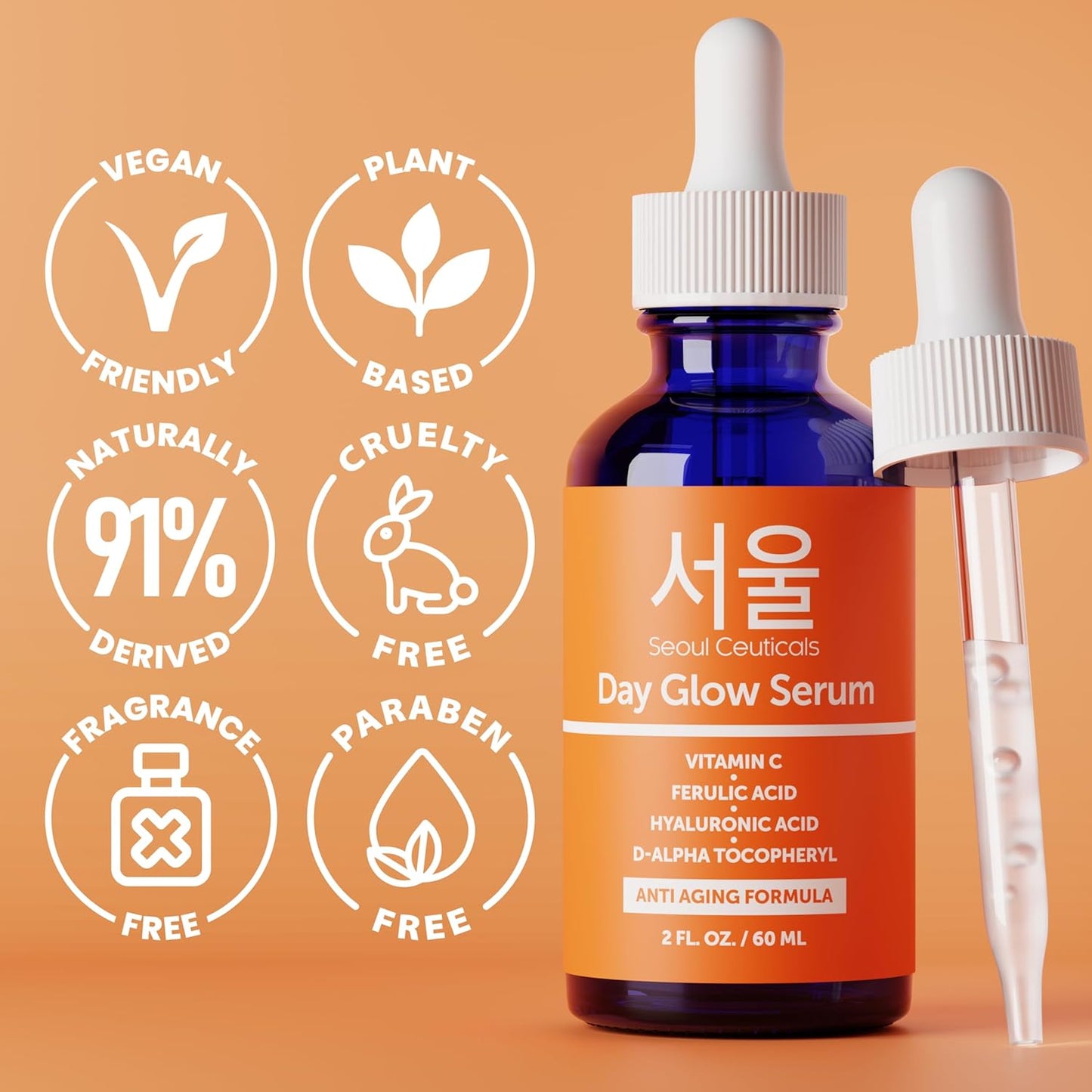 SeoulCeuticals 20% Vitamin C Serum with Hyaluronic Acid - Anti-Aging K-Beauty Skincare | 2oz