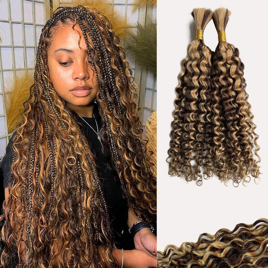 4P27 Human Braiding Hair Ombre Highlight 2 Bundles 100g Bulk for Micro Braiding Wig Wet and Wavy Curly Hair Extensions for Boho Braids Knotless Honey Blonde Deep Water Wave 14 inch
