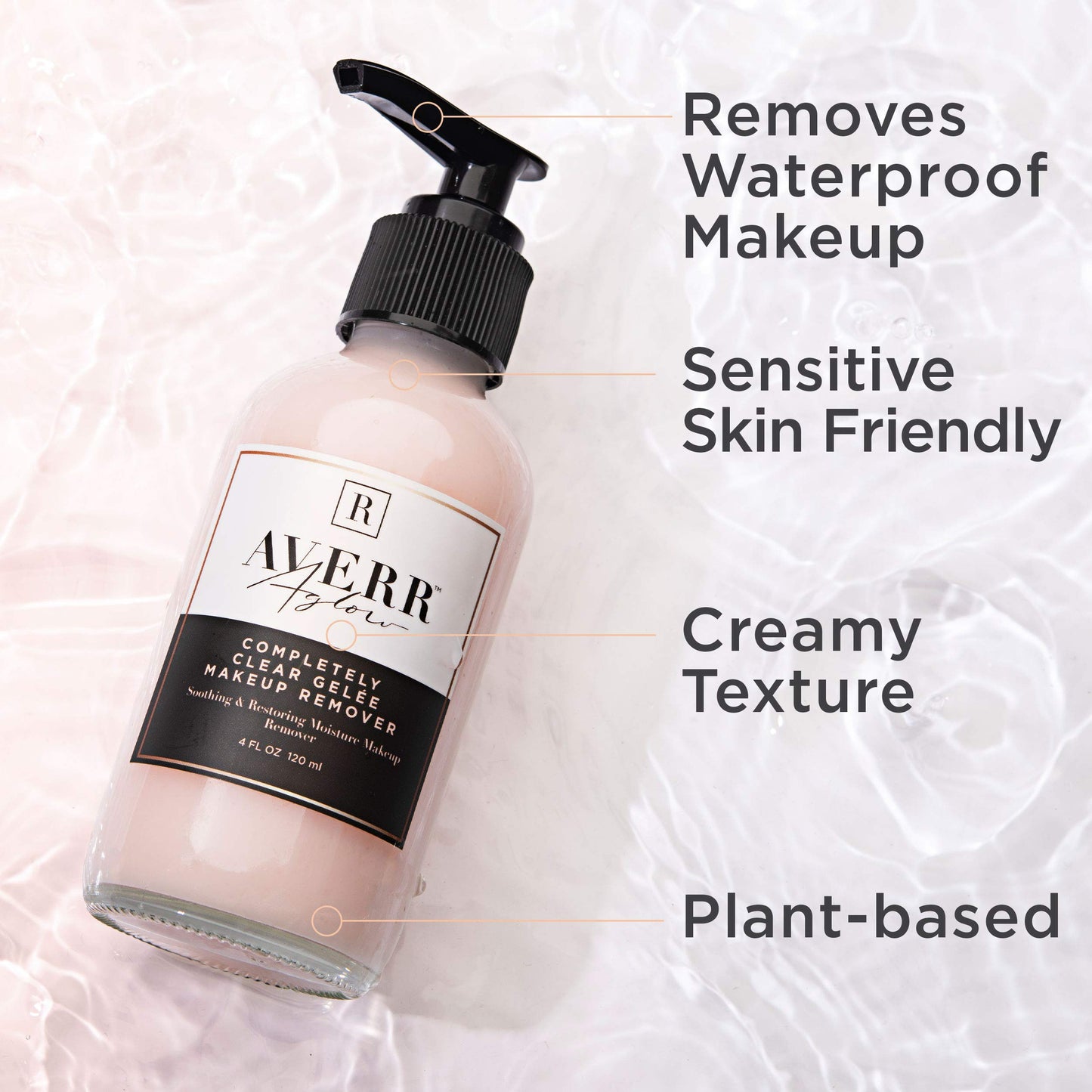 Averr Aglow Completely Clear Gelée Makeup Remover, Face Care, Boost Collagen, Calm Skin, Natural Plant Based Solution Facial Cleanser, Removes Waterproof Makeup