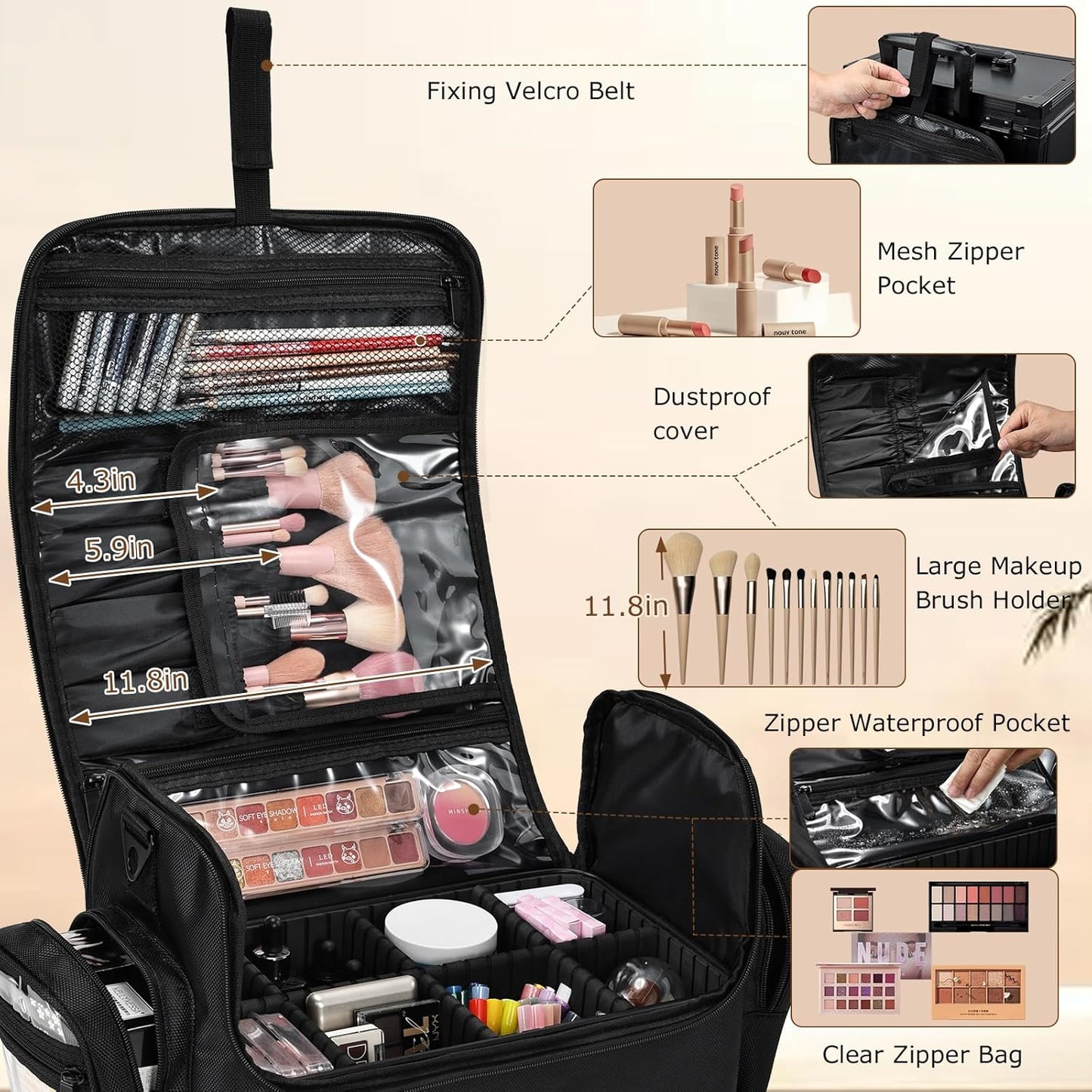 Professional Makeup Bag - Large Cosmetic Organizer with Brush Holder & 4 Clear Bags | Travel Storage with Shoulder Strap & Dividers