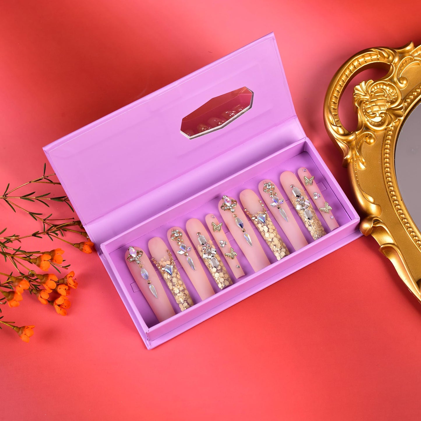 Tmani 10pc/set Extra Long Handmade Press On Nail Hot Girl's Long Ballet Square Nail Full of Diamond Glitter Decoration Fake Nails Suitable For Girls Festival Parties and Birthday Gift（171,Size-S)