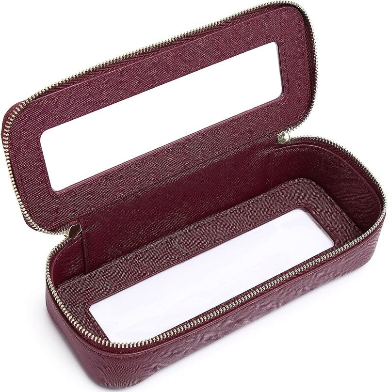 Clear Makeup Brush Bag - Slim Transparent Travel Cosmetic Case | Zippered Toiletry Organizer for Women (Burgundy)