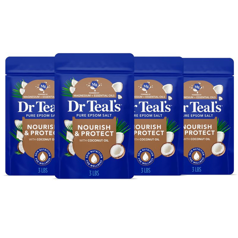 Dr Teal's Epsom Salt Magnesium Soak, Nourish & Protect with Coconut Oil, 3 lbs (Pack of 4)