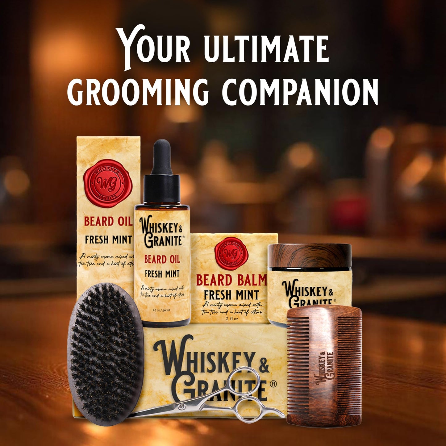 Whiskey & Granite Beard Kit for Men – 100% Natural Ingredients (Fresh Mint). Includes beard oil and balm, comb, brush, and scissors.