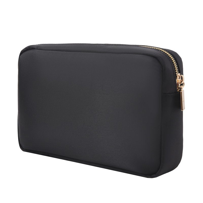 BLOC Bags Travel Makeup Bag, Cosmetic Bags for Women, Medium Cute Toiletry Bag, Make up Bag, Beauty Bag with Chenille Patch and Top Zipper, Inside Zipper Pouch and Mesh Pockets (Black Heart, Black)