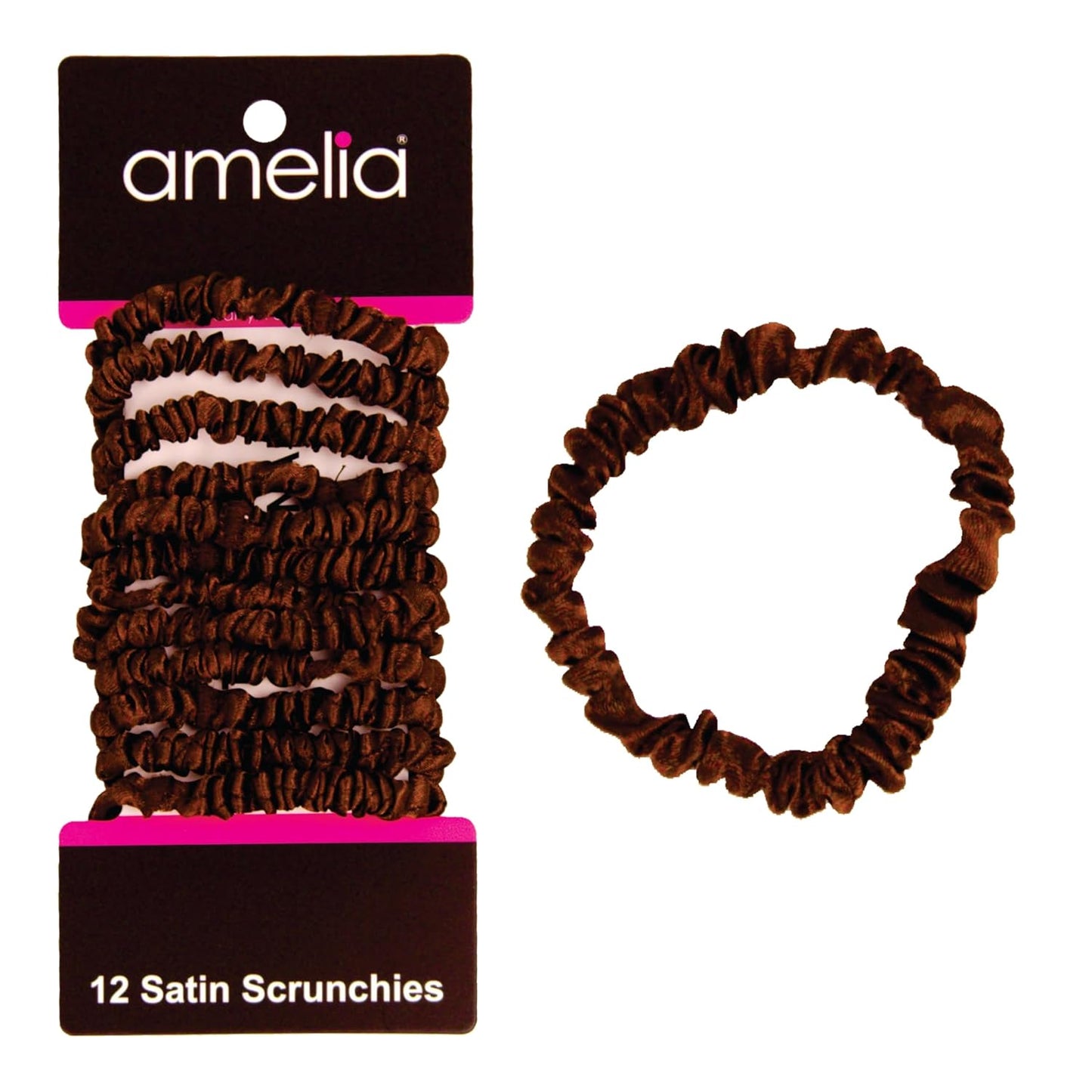Amelia Beauty, Black, Skinny Satin Scrunchies, 12 Pack – 2in Diameter, Gentle & Strong Hold, No-Snag, No-Dent, Crease-Free Hair Ties