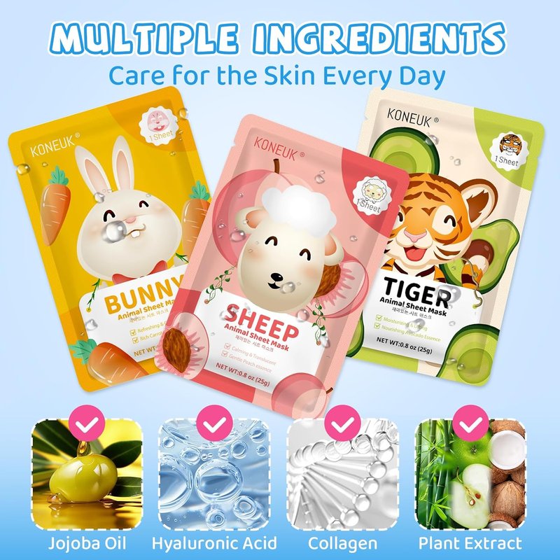 Animal Kids Face Masks - 54 Pack Hydrating Collagen Sheet Masks for Girls & Teens | Perfect Gifts for Birthdays & Mother's Day