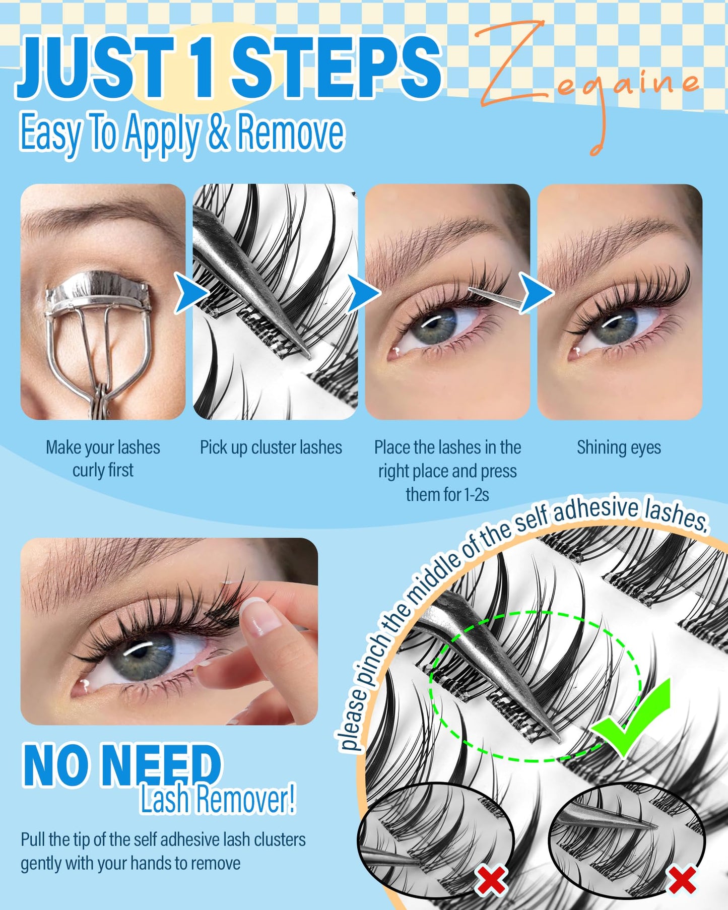 Cat Eye Self Adhesive Eyelash Natural Self Adhesive Lash Clusters Wispy Pre-Mapped No Glue Lash Clusters C-Curly Fox Eye Pre Glued Eyelashes Clusters 8-18MM by Zegaine