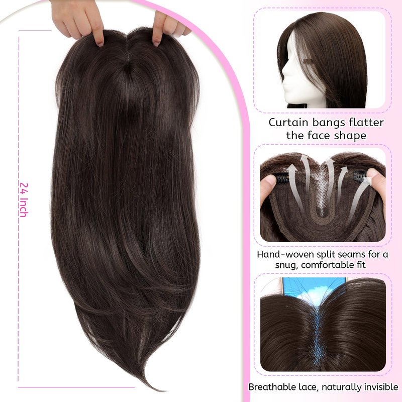 Isaic Hair Toppers for Women with Thinning Hair, 24 Inch Synthetic Clip in Topper Hair Extensions with Adjustable Band, Layered Wiglet Adds Volume and Natural Coverage (Dark Brown)