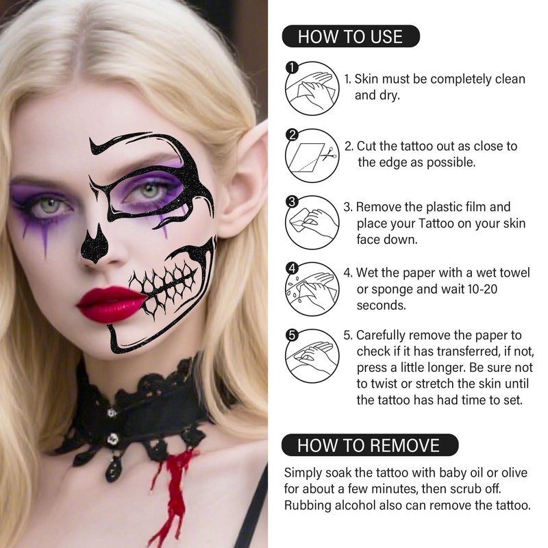 Halloween Face Tattoos Temporary Black Tattoo for Men and Women, Adult, Skeleton Mouth Tattoo Spider Web Face Sticker, Horror Zombie Witch Makeup Kit, Scary Halloween Face Decals 5 Sheets