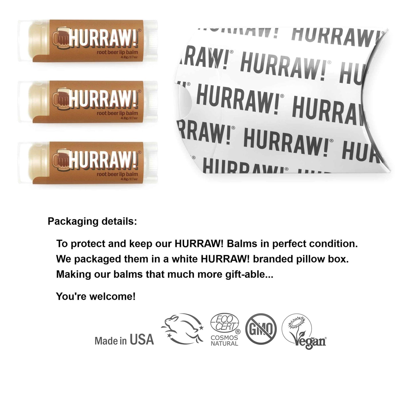 Hurraw! Root Beer Lip Balm, 3 Pack: Organic, Certified Vegan, Cruelty and Gluten Free. Non-GMO, 100% Natural Ingredients. Bee, Shea, Soy and Palm Free. Made in USA