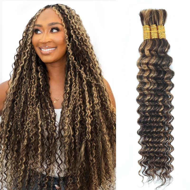 Boho Braids Human Hair for Braiding 110g 22 Inch 12A Deep Water Wave Bulk Human Braiding Hair for Boho Braids Knotless Highligts Wet and Wavy Virgin Extensions Bohemian No Weft Curly 3 Bundles P4/30