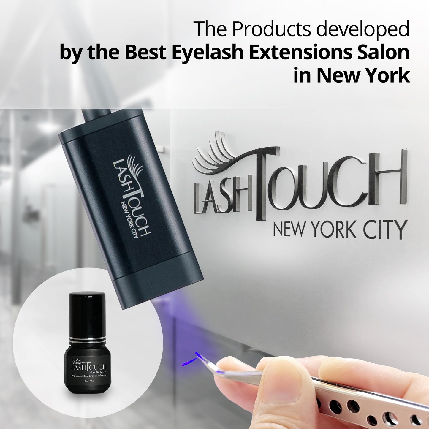 LASHTOUCH LED UV Gel Eyelash Extension Adhesive 5ml / Black LED Gel Lash Glue with LED Lamp Curing/Retention up to 10 Weeks/The Best Eyelash Salon in New York Designed