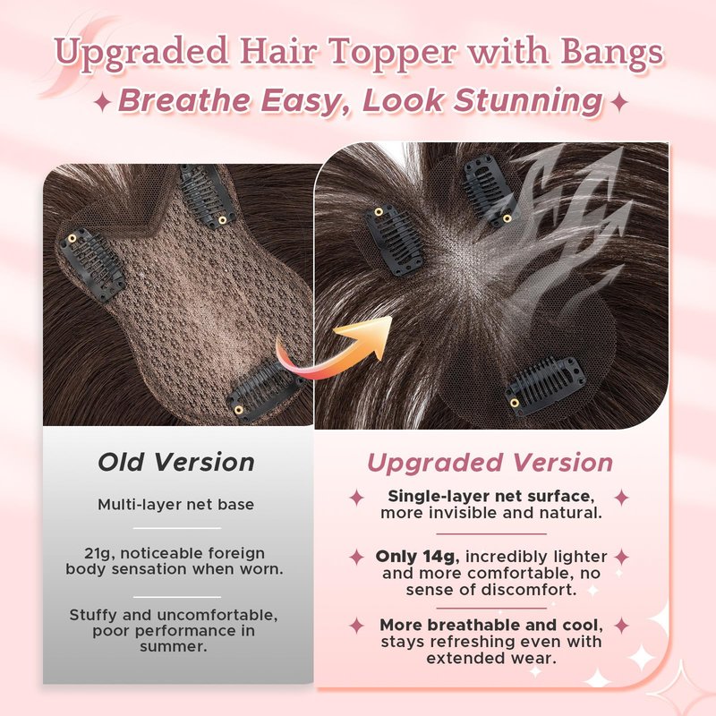 SEGO SEGOHAIR Hair Toppers for Women Real Human Hair with Bangs 360°Cover 3D Clips 2.76"x4.33" Breathable Lace Base 11 Inches Lightweight Hairpieces Wispy Bangs Dark Brown