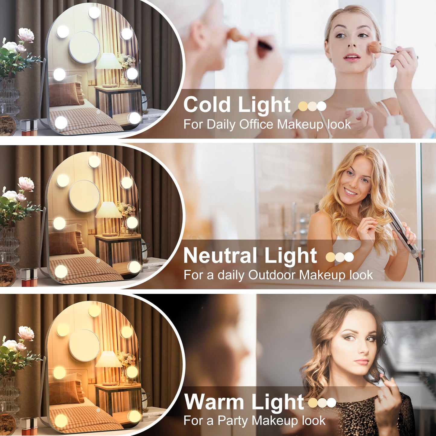 STARLEAD 11"× 14" Makeup Mirror with Lights and 10X Magnification, 3-Color Dimmable LED Lighting & Touch Control, 360°Rotation for Travel/Dressing Room, Arched