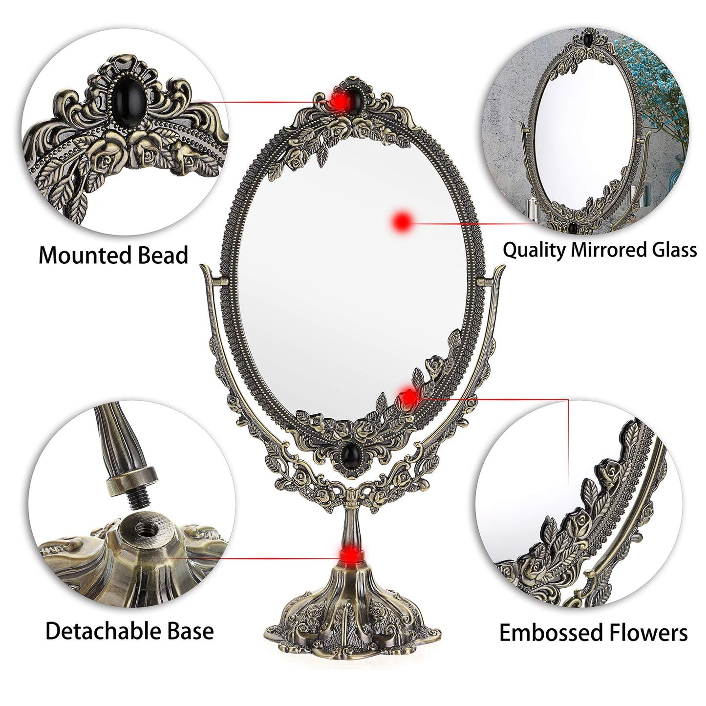 JUXYES Metal Tabletop Antique Decorative Makeup Mirror with Stand