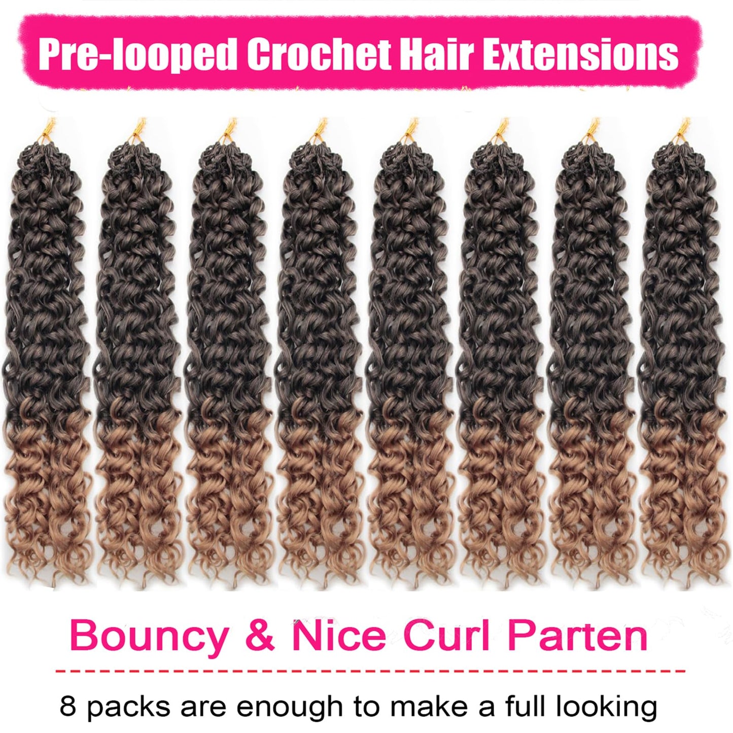 Gogo Curl Crochet Hair 8 Packs Ocean Wave Beach Curl Crochet Hair 24 Inch Pre Looped Long Deep Wave Hair Extension Synthetic Braiding Hair for Women Natural Black 1B/27