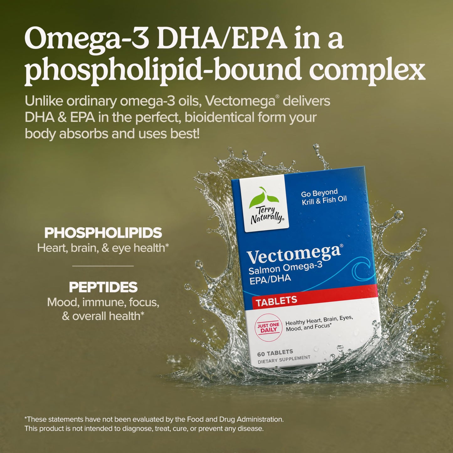 Terry Naturally Vectomega - Supplement with EPA & DHA - Omega-3 Tablets for Brain & Heart Health Support - Nutritional Supplement with Essential Fatty Acids & Peptides - 60 Tablets (Pack of 2)
