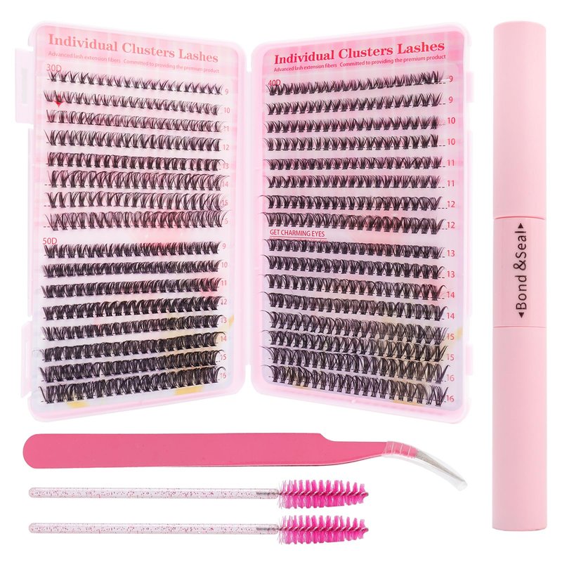Fumwase 644PCS Thick Lash Clusters Kit Volume Lash Clusters Natural DIY Eyelash Extension with Lash Bond Tweezers and Seal Eyelash Book DIY 9-16MM 30D+40D+50D (640)