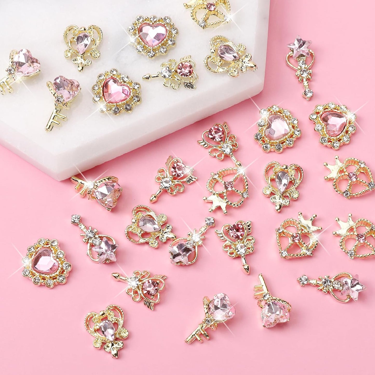 Pink Heart Nail Charms - 30pcs Luxury Alloy Rhinestones & Gems for Stunning Nail Art
