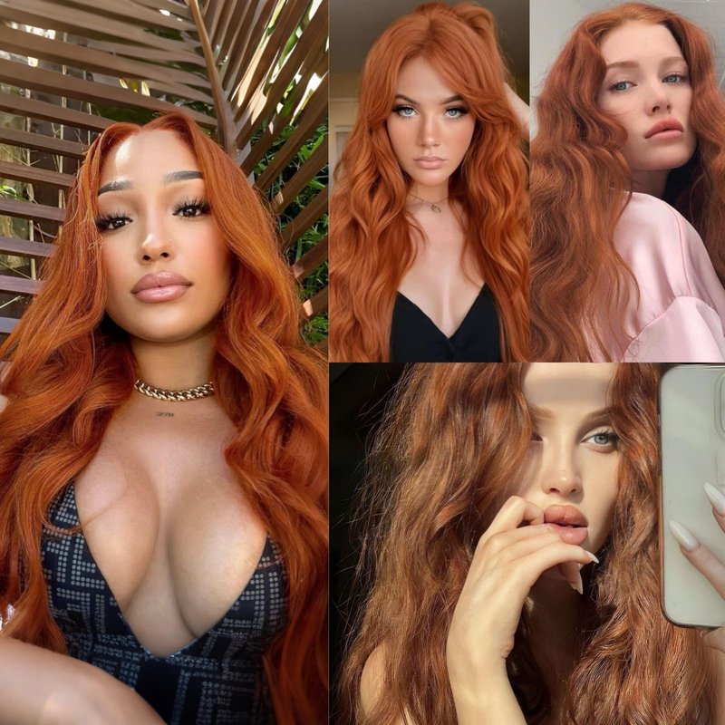 RONGUDOYI Ginger Curly Wig Long Wavy Synthetic Lace Front Wig Glueless Orange Curly Natural Hair Water Wave Lace Front Wigs Burnt Orange Wigs for Women