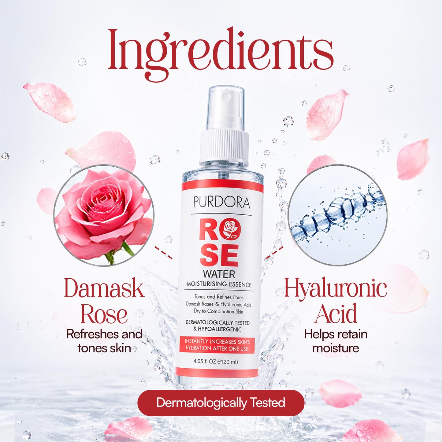 PURDORA Rose Water Spray for Face, 4 Fl Oz Damask Rose Water Toner & Hydrating Mist for Dry to Combination Skin, Refreshes Skin, Non-Sticky, Hypoallergenic, No Dyes, Alcohol Free, Vegan