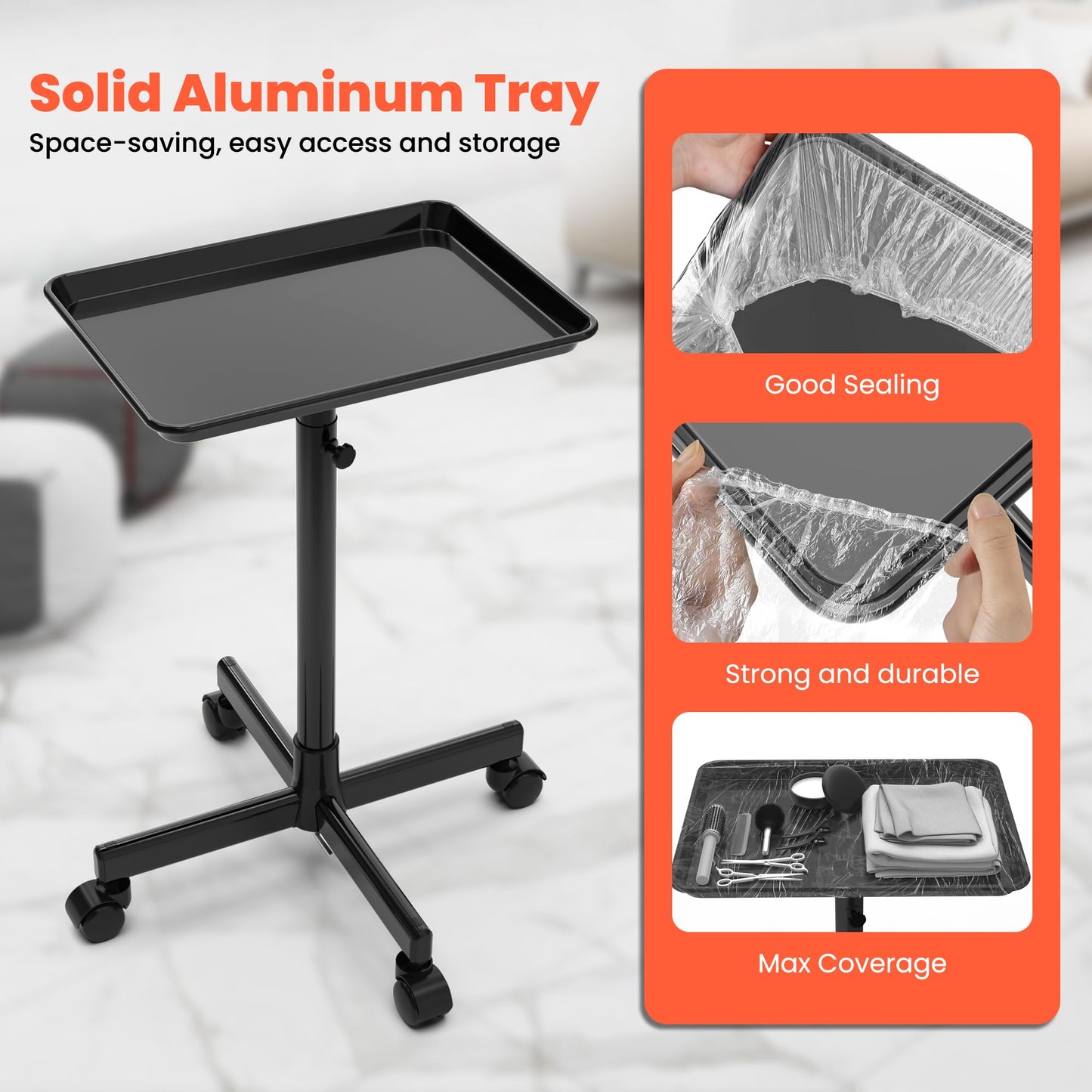 TASALON Rolling Salon Tray, Mobile Styling Station with Wheels Aluminum Rolling Tray Trolley for Salon Essentials, Adjustable Height or Hairstylist Tray with 10 PCS Disposable Salon Tray Cover
