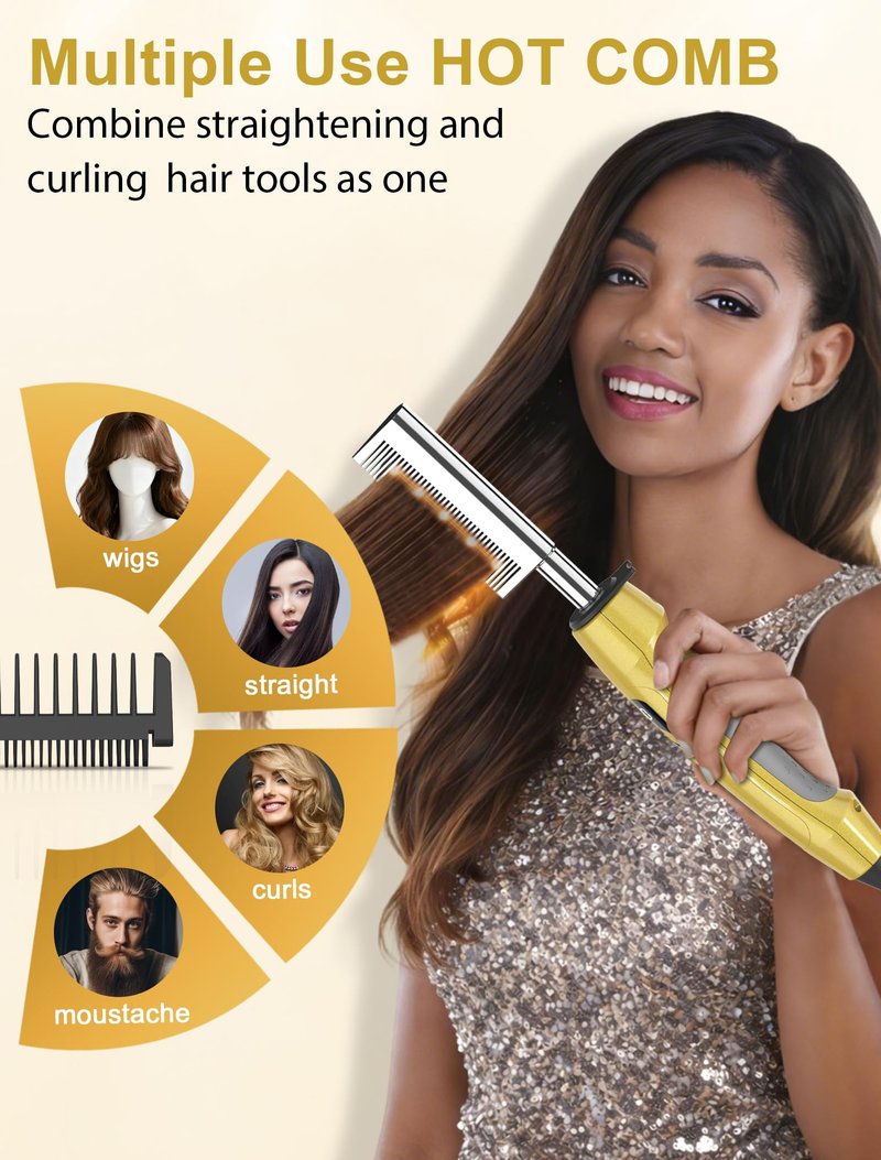 Titanium Electric Hot Comb for Wigs & Black Women Hair, Anti-Scald Straightening Comb with 18 Heat Settings 180°F–500°F for Fast Heating Straightening, Gold