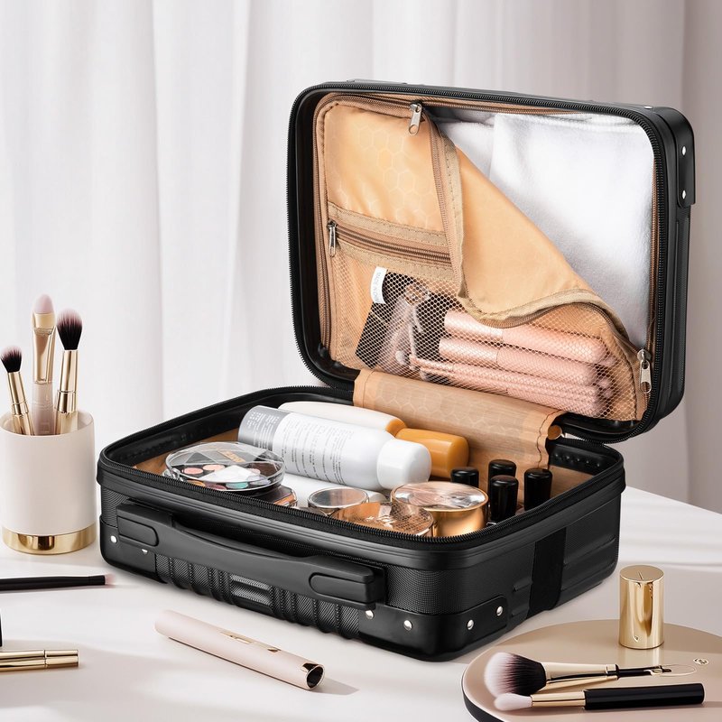 Noverlife 14in Hard Shell Makeup Travel Case, Portable Cosmetic Train Case with Elastic Band, Pressure-proof ABS Carrying Makeup Suitcase, Cosmetic Travel Hand Luggage Bag Organizer - Rose Gold