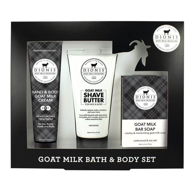 Dionis Goat Milk Men's Shave Butter, Hand & Body Lotion, and Bar Soap Bath & Body 3-Piece Gift Set