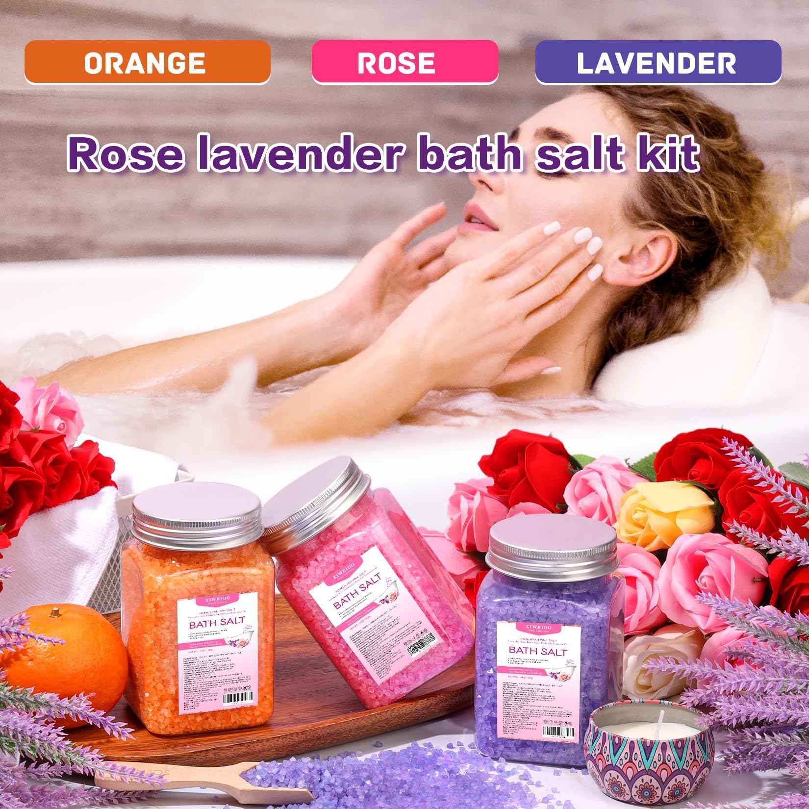 XIWEIOO Bath Salt 3 Pack Kit Himalayan Pink Salt Foot Soak Lavender Orange Rose Scent Tea Tree Oil Epsom Salt Bubble Bath for Women Dead Sea Salt Moisturizing Skin Softens Calluses Mom Bath Sea Salt