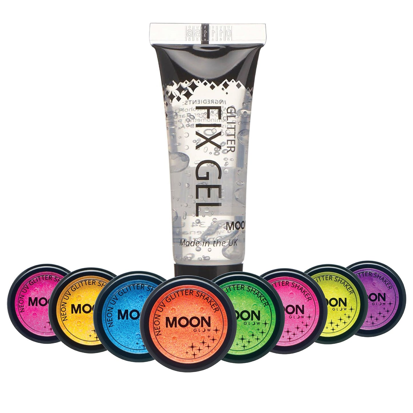 Moon Glow - Blacklight Neon UV Glitter Shaker 0.18oz Set of 8 + Glitter Fix Gel - Glows Brightly Under Blacklights/UV Lighting!