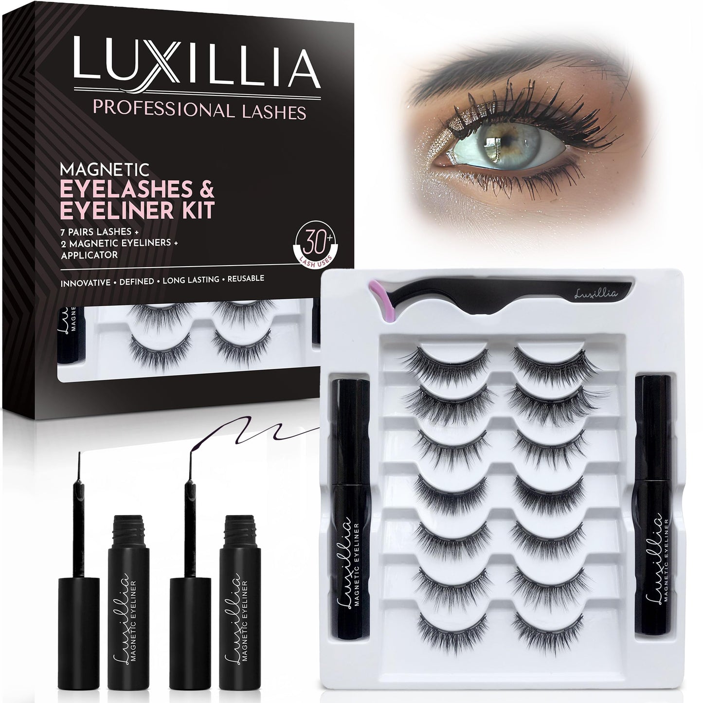 Luxillia 10-Piece Magnetic Eyelashes with Applicator & Magnetic Eyeliner Kit – Reusable Natural Magnetic Lashes – Easy Apply Lash Kit for Beginners – Waterproof, Short & Dramatic Looks