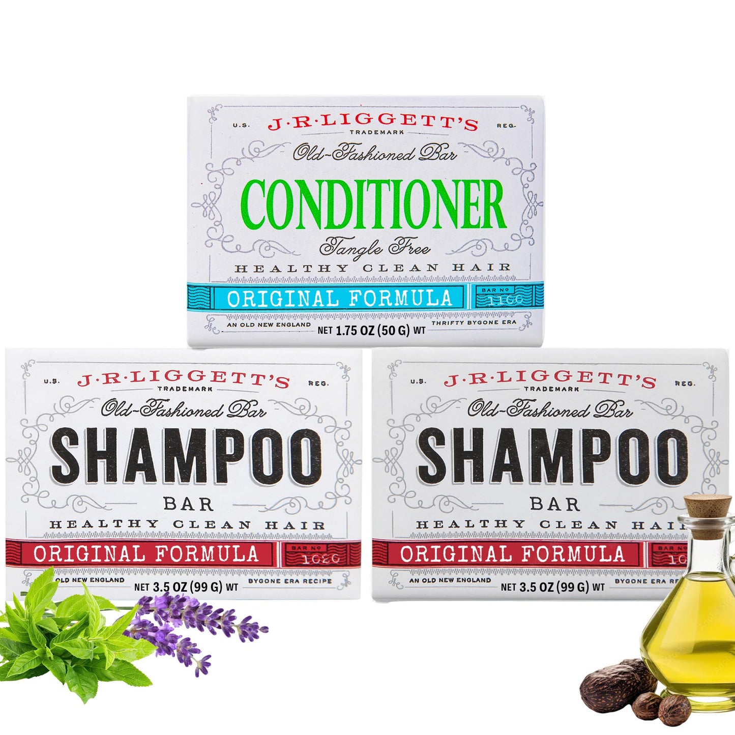 J.R.LIGGETT'S Original Formula Shampoo Bar and Conditioner Bar 3-Pack, All-Natural, Plant-Based Solid Hair Care Set, Sulfate-Free, 2 x 3.5 oz Shampoo / 1.75 oz Conditioner