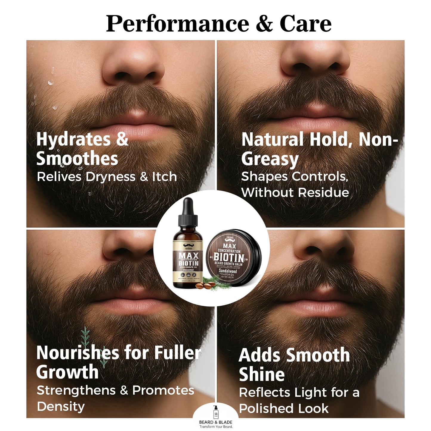 FEBOTE 4X Concentration Biotin Beard Kit for Men – Unscented Oil & Sandalwood Balm Set (2 Pack) – Moisturizes, Softens & Promotes Growth – Premium Beard Grooming Gift for Father’s Day or Him