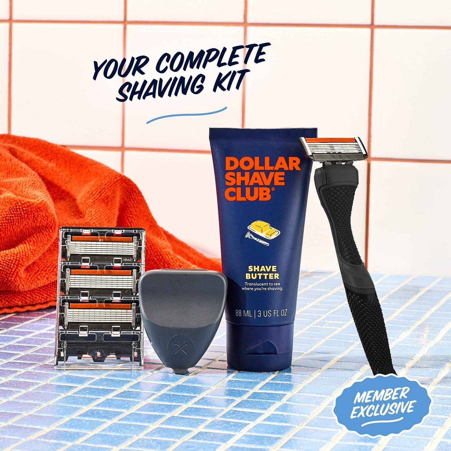 Dollar Shave Club | The Member Exclusive Shave Set | 4 Extra Close Refill Cartridges, 1 Handle (Black), 1 Shave Butter 3 ounce, 1 Razor Cover, Razors for Men