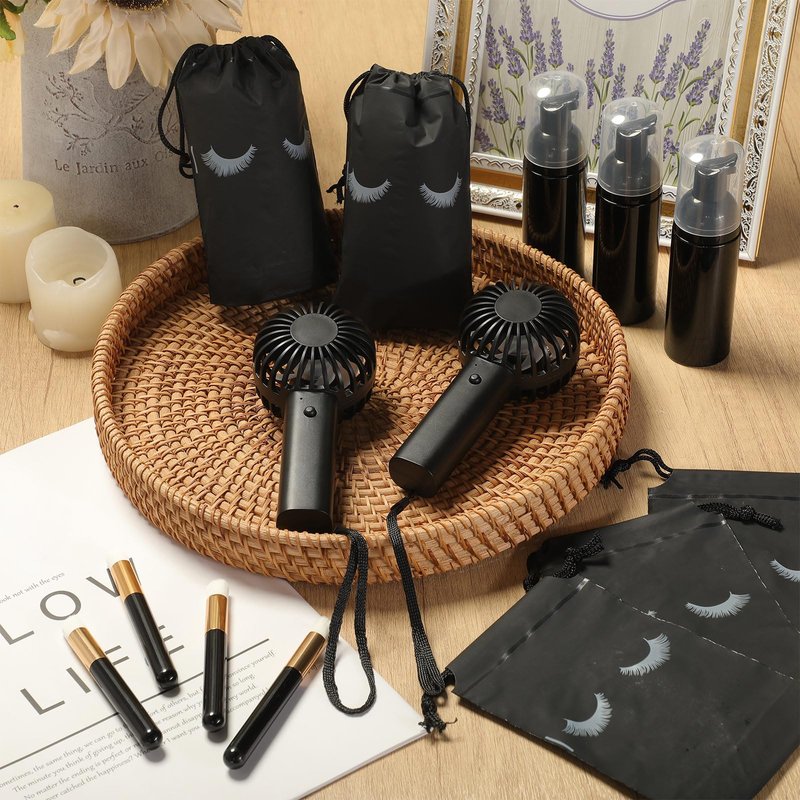 Woanger 24 Pcs Lash Shampoo Kits Rechargeable Handheld USB Portable Fans Eyelash Shampoo Brush Empty Bottle Wedding Gift Employee Appreciation Gift (400mah,Black)