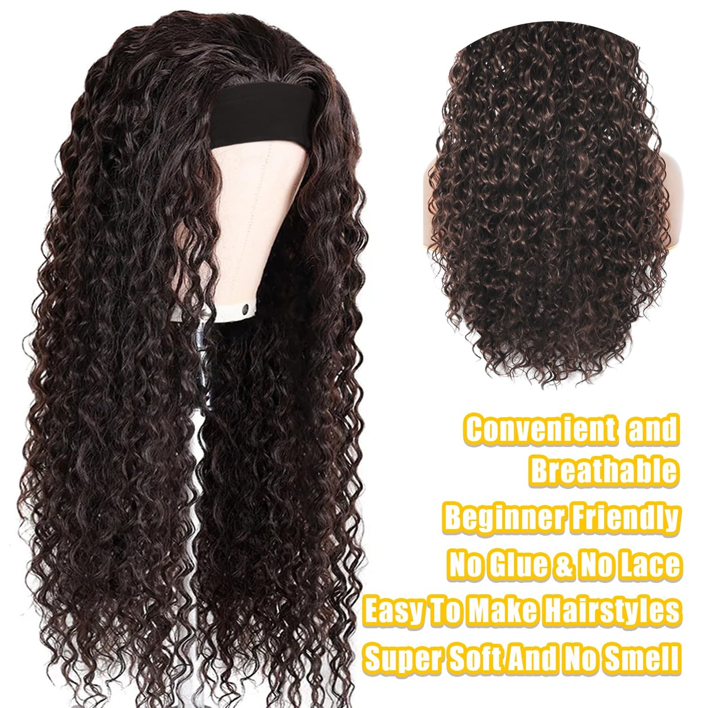 Headband Wig - Human Hair Deep Wave Half Wig | Glueless Brazilian Curly Wig for Black Women - 12 Inch, Chocolate Brown