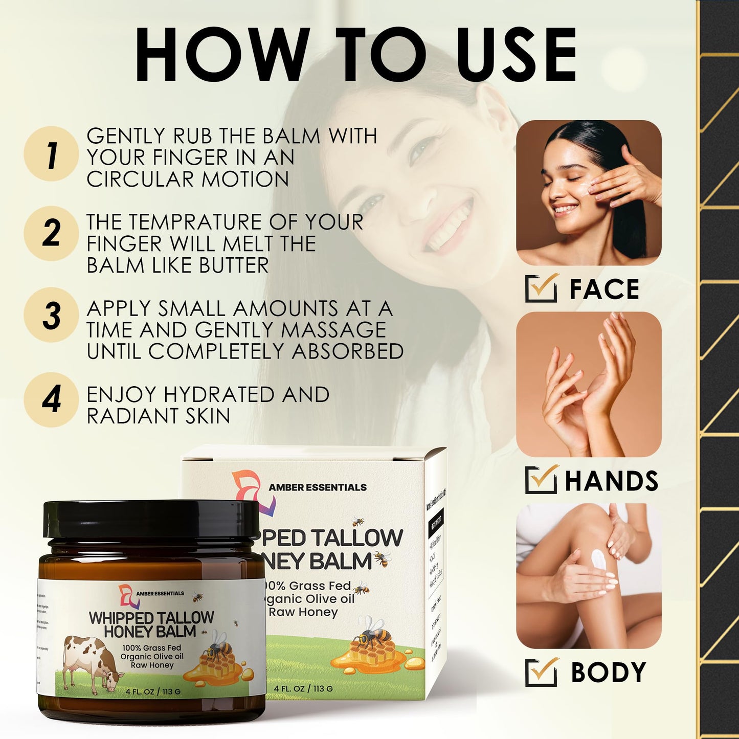 AMBER ESSENTIALS Organic Grass-Fed Beef Tallow and Honey Balm | All-Natural Moisturizer with Raw Honey & Olive Oil | Face + Body Cream for Dry, Sensitive Skin, Anti-Aging, Cracks, Acne-Prone Skin 4oz