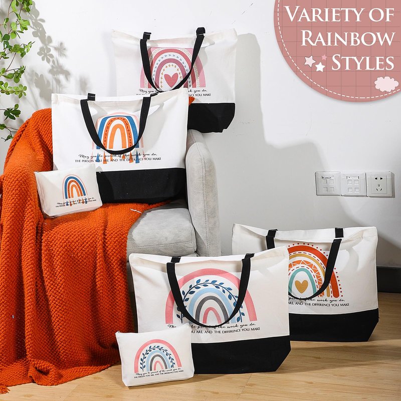 Kajaia 8 Pcs Teacher Appreciation Gift Bulk Canvas Tote Bag Cosmetic Bag Rainbow Teachers Day Thank You Gifts Graduation(Boho)