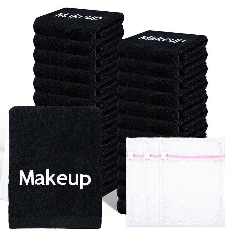 POTPTPT 12Pack Makeup Remover Towels Cotton Cosmetic 13x13 Inch Facial Cleansing Makeup Towels Soft Washcloths with Mesh Bag for All Skin Types Care Black