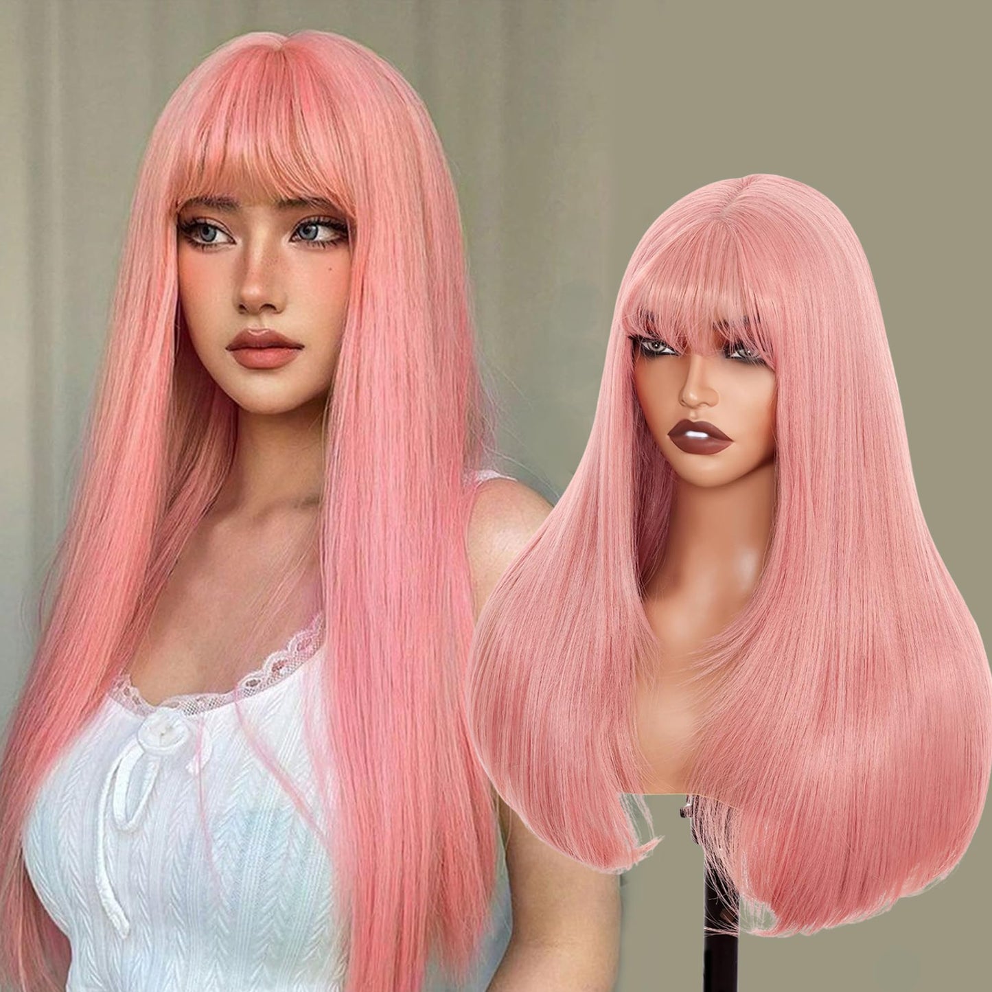 Twobla 26 Inch Pink Wig with Bangs | Long Pink Layered Wig for Women | Realistic Scalp, Freestyle Parting | Heat Resistant, Wear & Go, No Glue Needed | Straight Synthetic Wigs for Cosplay & Daily Use