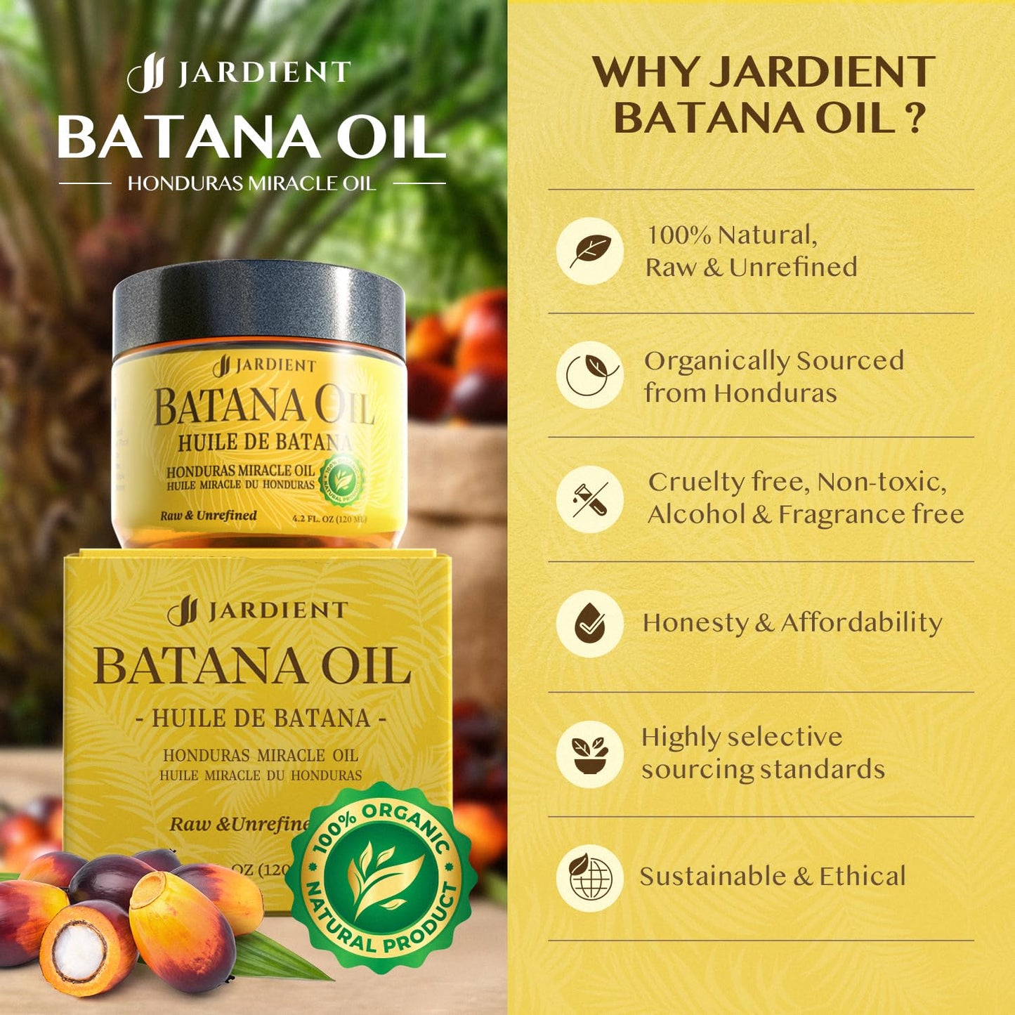 Jardient Raw Batana Oil for Hair Growth: Dr Sebi Organic Batana Oil from Honduras - 100% Pure & Natural - Promotes Thicker & Stronger Hair for Men & Women (4 OZ)