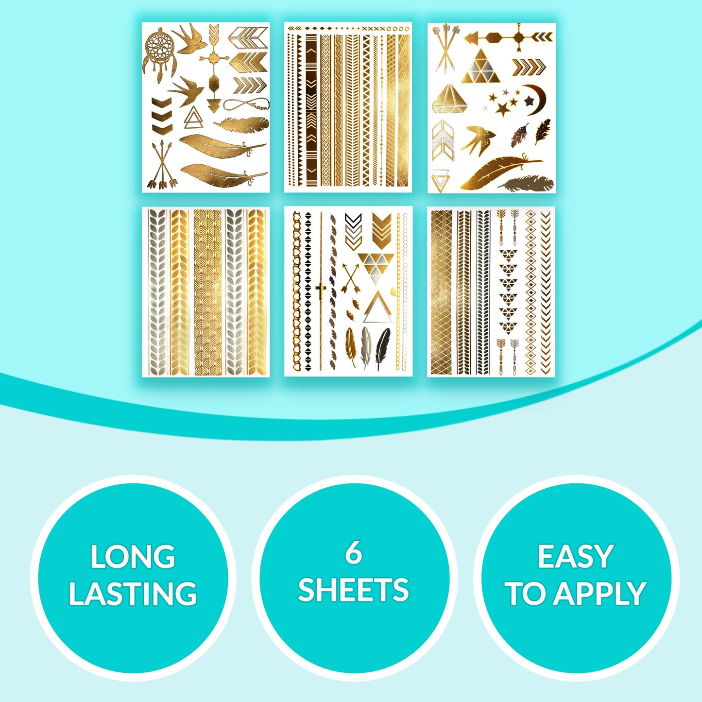 Terra Tattoos Gold Metallic Tattoo Flash Sheets Designs of Stars, Feathers, Moon & more! Face Tattoos for Women Waterproof Nontoxic Long Lasting 75+ Designs for Vacation, Festivals Parties - Gold