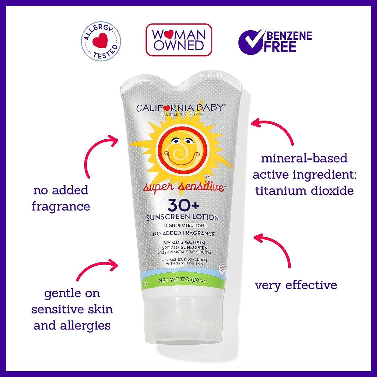 California Baby Super Sensitive SPF 30+ Sunscreen - Unscented Mineral Formula for Baby Face & Body | 6oz (170g)
