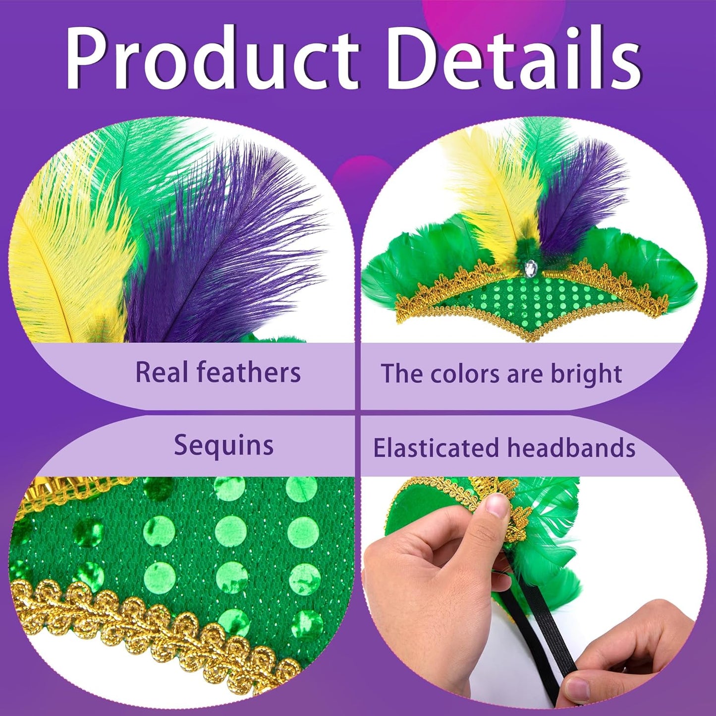 Mardi Gras Feather Headband Set - 8 Pcs Purple, Yellow & Green Masquerade Accessories | Flapper Headdress for Women & Girls