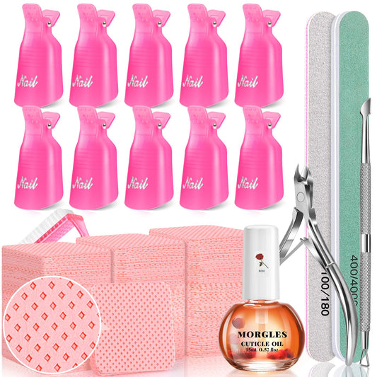 MORGLES Nail Polish Remover Kit with 300 Pcs Lint Free Wipes, Pink Nail Clips with 2 Pcs Files and Buffers, Rose Cuticle Oil, Cuticle Trimmer & Pusher