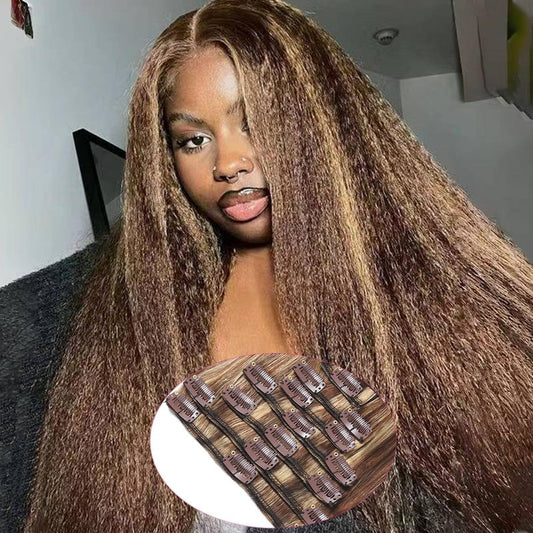 Clip in Hair Extensions Kinky Human Hair 110g Remy Human Hair Clip on Extensions 8pcs 18 Inch Soft Hair for Fashion Women 18Clips/Set Chocolate Brown to Honey Blonde Hair Extensions (#P427)